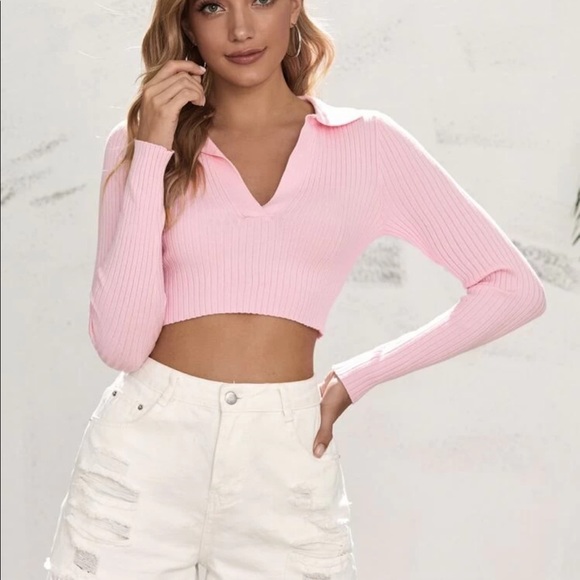 SHEIN Pink Cropped Long Sleeve Top Medium - Picture 3 of 9